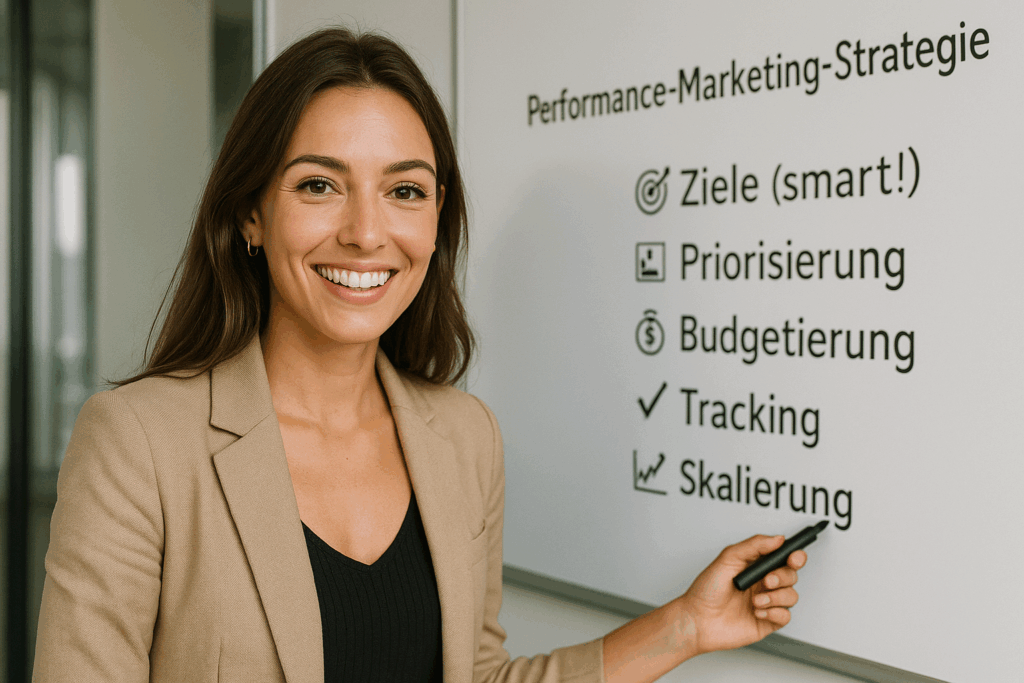 Business-Frau präsentiert an einem Whiteboard die Performance-Marketing-Strategie mit den 5 Schritten von STOLL Consulting: Ziele, Priorisierung, Budgetierung, Tracking und Skalierung.